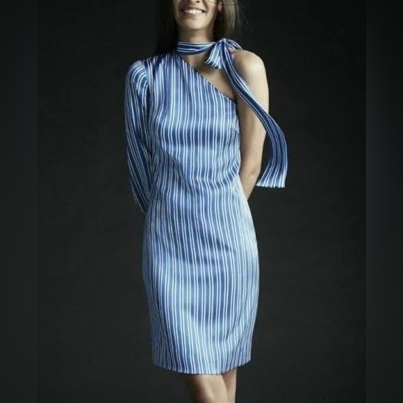 NWT Banana Republic Striped One Shoulder Dress Cobalt Blue Size 6 - Picture 1 of 3